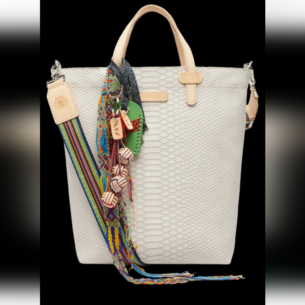 Consuela Cream Snake Print Tote with Multicolor Strap